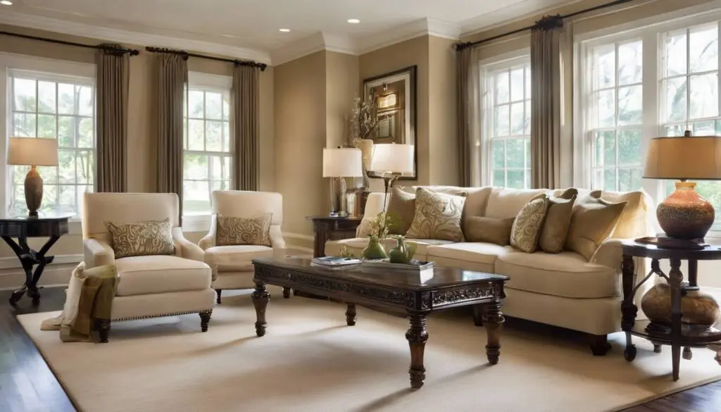 A neat and tidy living room with a white couch set and a wooden coffee table.