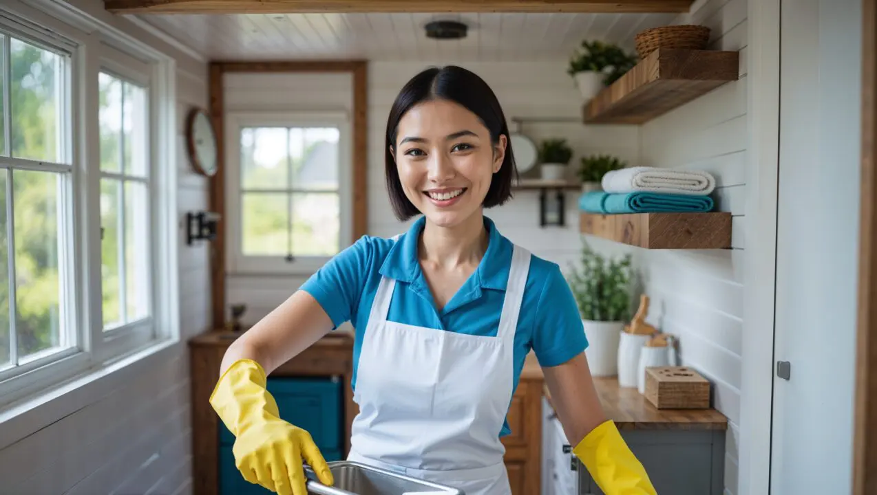 Disinfectant Services Akron Ohio. A cheerful professional cleaner in her 20s with neat hair, wearing a plain blue uniform with a white apron and yellow cleaning gloves, smiles as she tidies up a cozy tiny home's entryway.