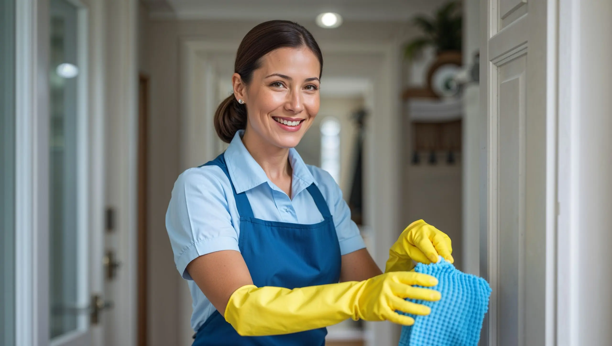 Disinfectant Services Akron Ohio.  A cheerful professional cleaner in her 40s with neat hair, wearing a plain blue uniform with a white apron and yellow cleaning gloves, smiles as she tidies up a home's entryway.