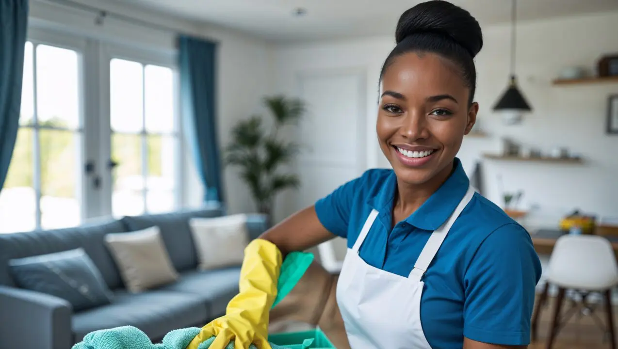 Disinfectant Services Cuyahoga Falls Ohio. A cheerful African American professional cleaner in her 20s with neat hair, wearing a plain blue uniform with a white apron and yellow cleaning gloves, smiles as she tidies up a Scandinavian-style home's living room.