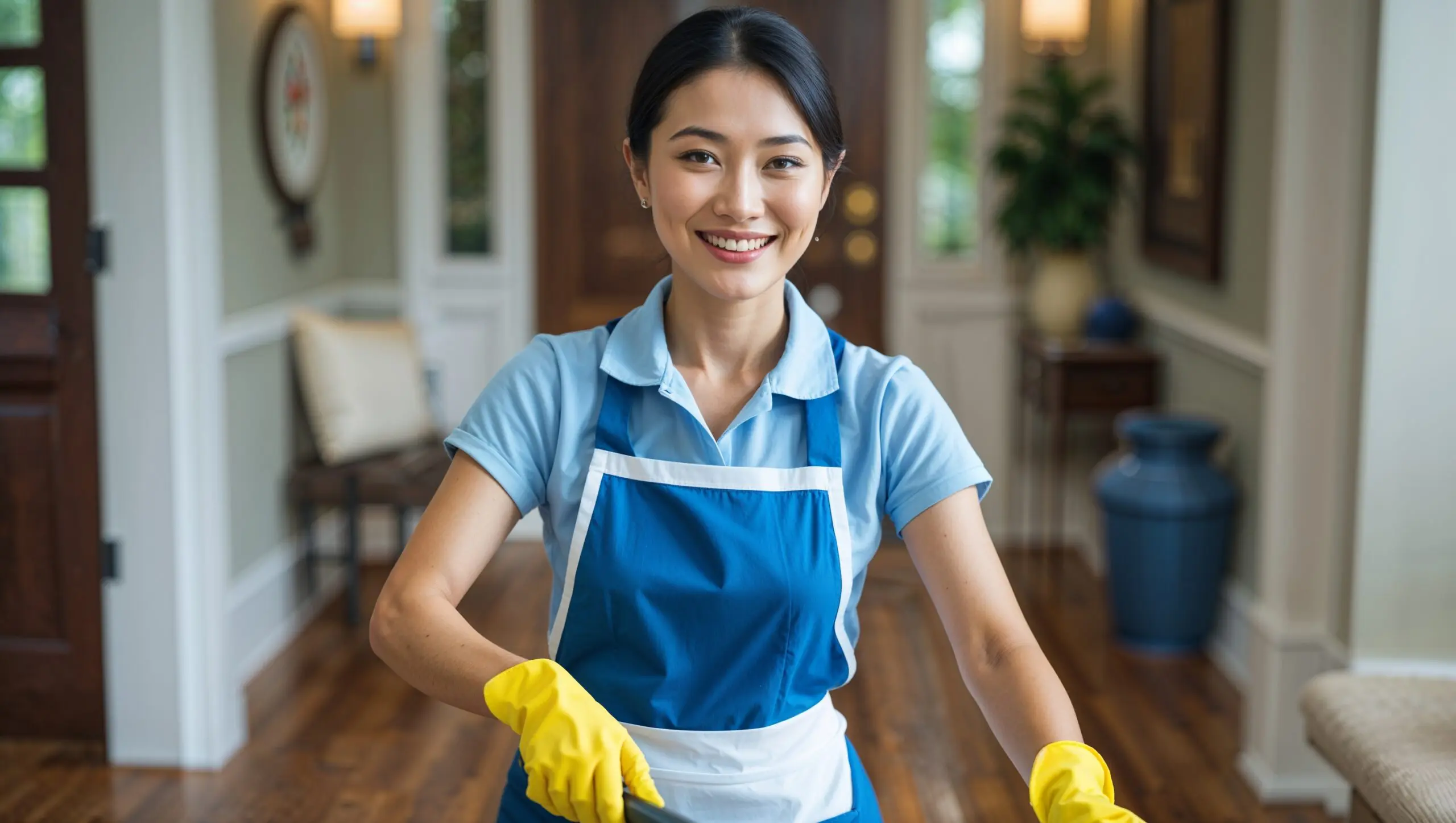 Mini-Spring Cleaning Akron, Ohio. A cheerful Asian professional cleaner in her 30s with neat hair, wearing a plain blue uniform with a white apron and yellow cleaning gloves, smiles as she mops the wooden floor in a home's comfy foyer.