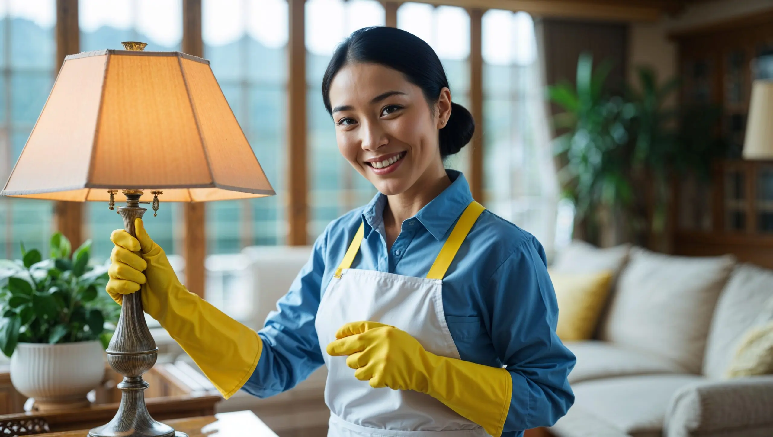 Mini-Spring Cleaning Bath, Ohio. A professional cleaner clad in a clean blue uniform, white apron, and yellow cleaning gloves smiles at the viewer as she shows off a freshly-cleaned lamp.