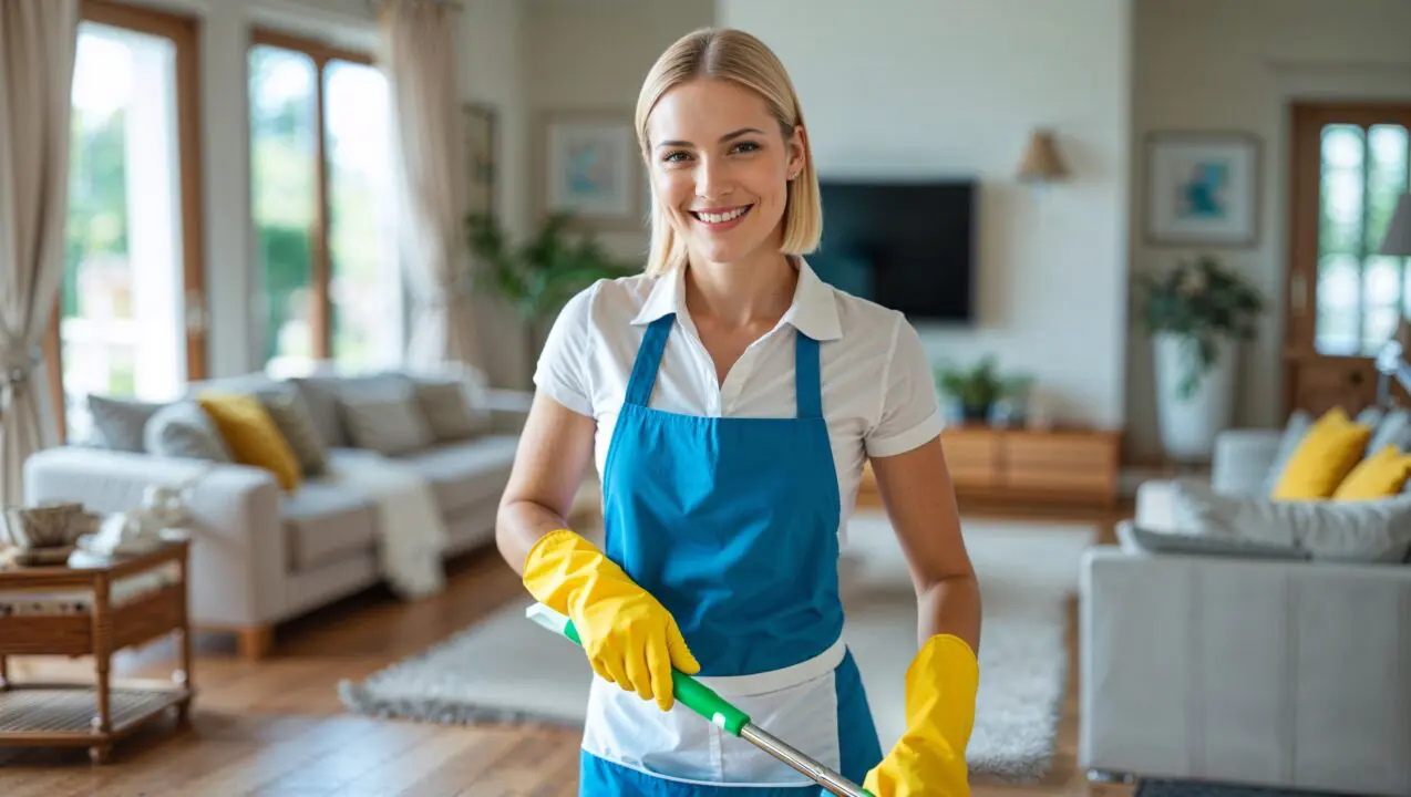 Mini-Spring Cleaning Bath Ohio. A professional cleaner wearing a white shirt, a blue apron, and yellow cleaning gloves smiles at the viewer as the mops the wooden floor in a cozy living room.
