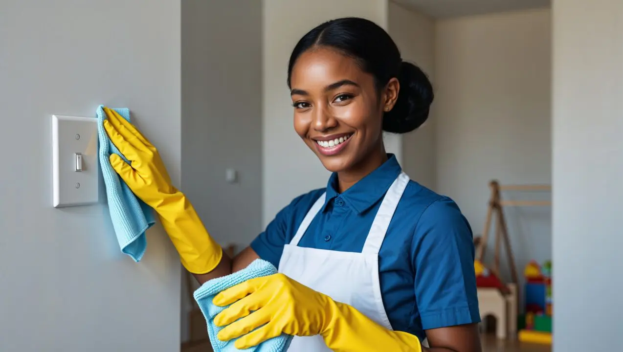 Mini-Spring Cleaning Fairlawn Ohio. A professional cleaner clad in a blue uniform, white apron, and yellow gloves smiles at the viewer a she uses a microfiber cloth and eco-friendly cleaning solution to clean a switchplate in a child's playroom.