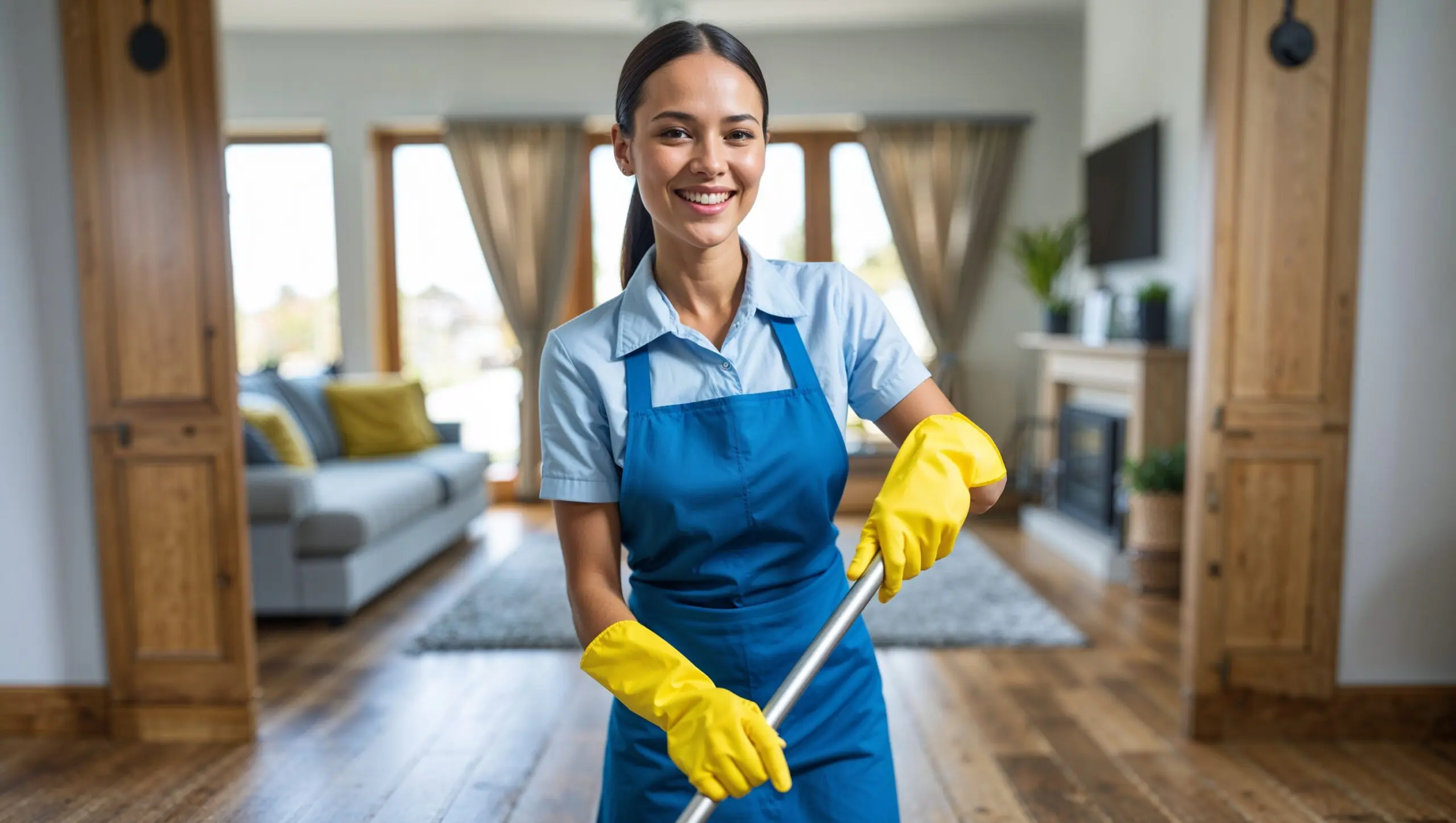 Mini-Spring Cleaning Fairlawn Ohio. A professional cleaner clad in a blue uniform and apron with yellow gloves smiles gently at the viewer as she polishes the wooden floor in a home's living room.