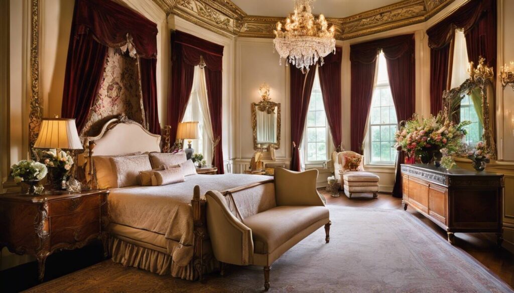 A photo of a neat, gleaming luxurious bedroom.