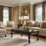 A neat and tidy living room with a white couch set and a wooden coffee table.