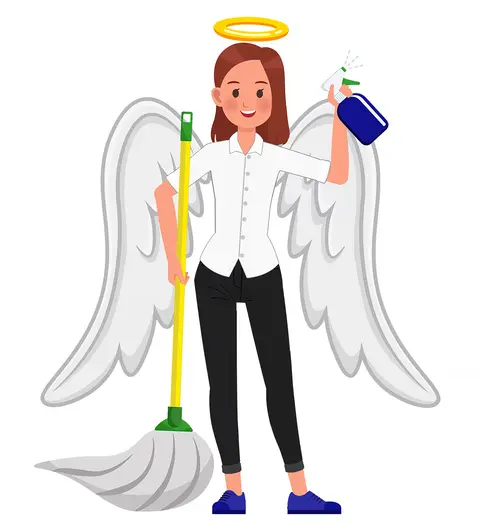 Heavenly Touch Maids angel spray bottle graphic with wings and cleaning motif